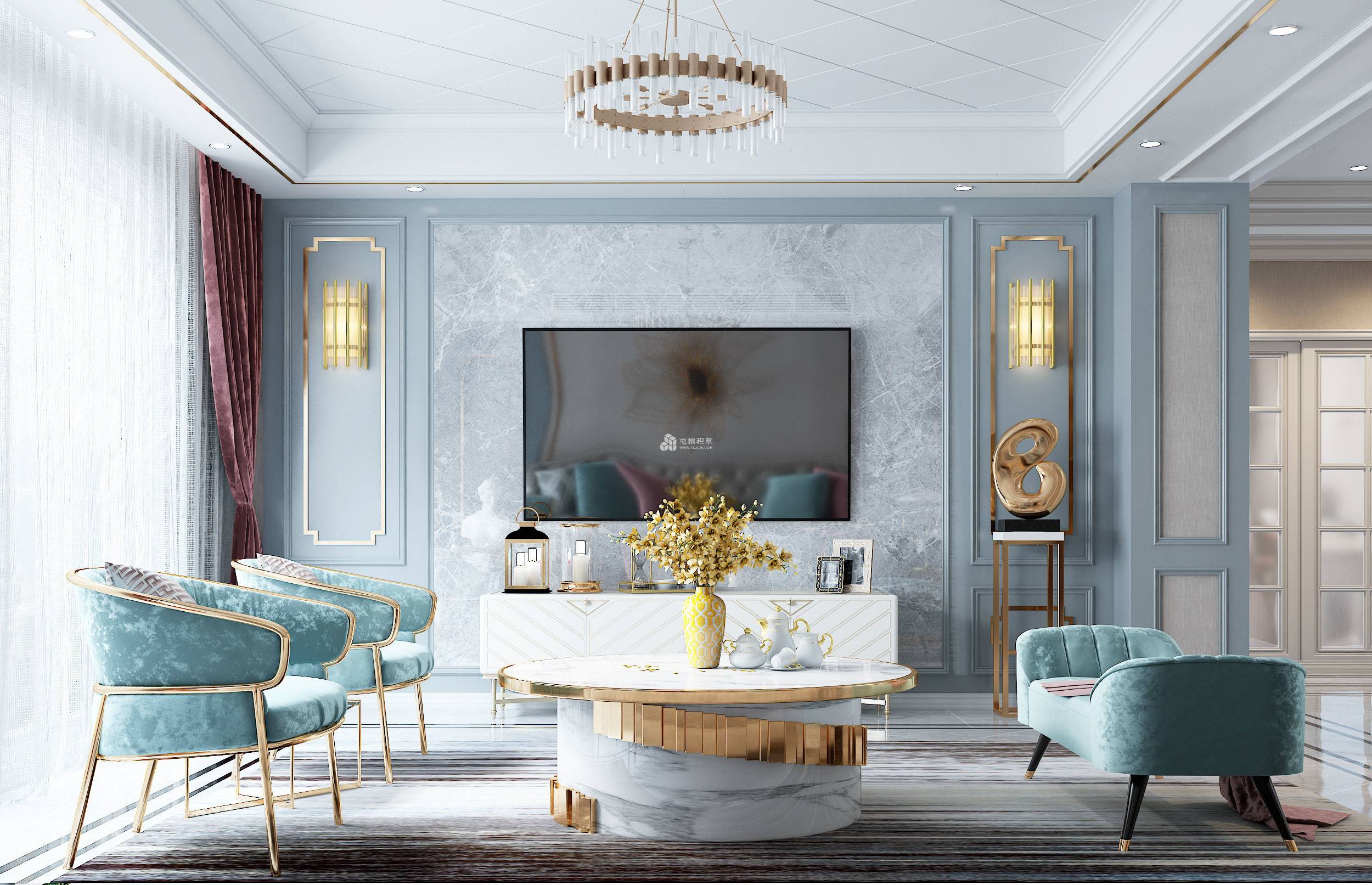 国源和天下三室美式轻奢风-装修效果图片-屯粮积草网